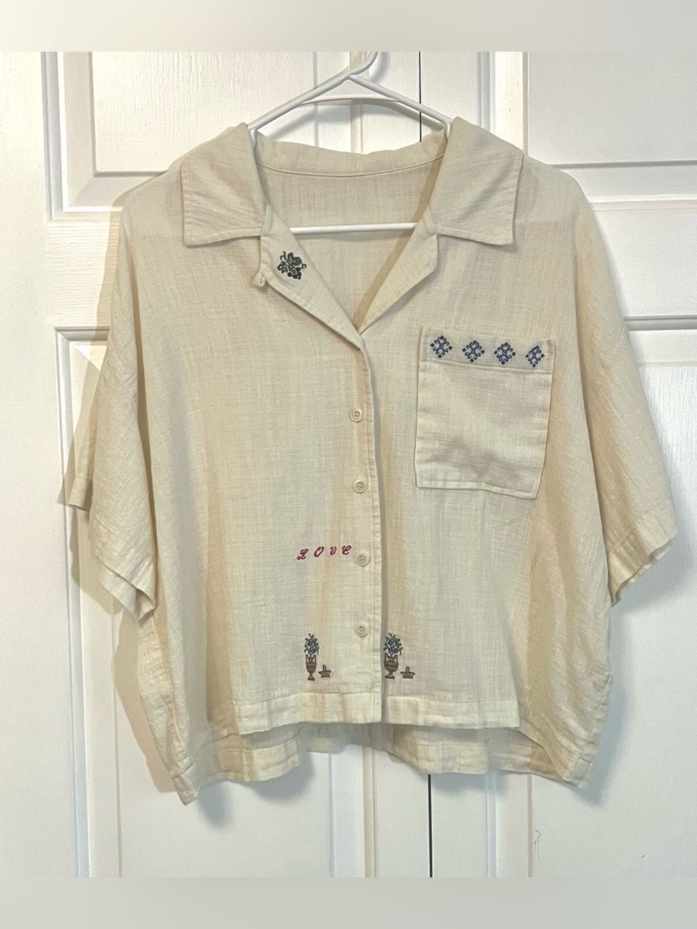 "Love" Embroidered Button-Up Blouse